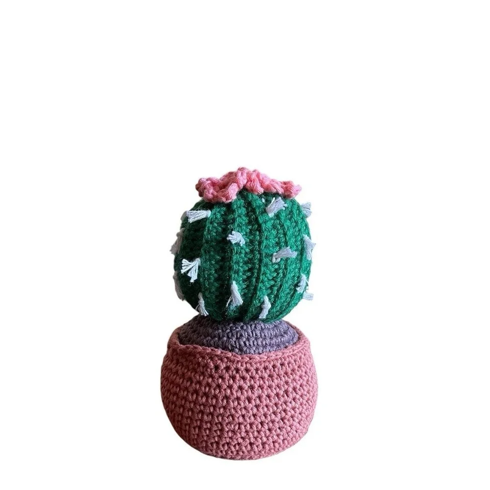 Handmade Crochet Ball Cactus with Pink Flowers Decorative Crocheted Plant Spikes